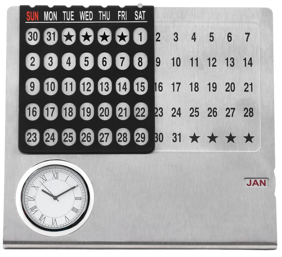 Lifetime Table Calendar, Perpetual Calender, Permanent Desk Calander with Clock, Adjustable Date & Month Display for Home/Office/Corporate Gifts (Metal-Silver) R -124