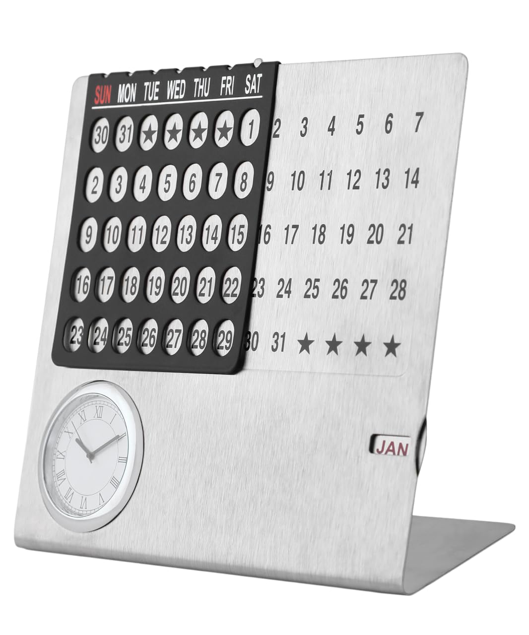 Lifetime Table Calendar, Perpetual Calender, Permanent Desk Calander with Clock, Adjustable Date & Month Display for Home/Office/Corporate Gifts (Metal-Silver) R -124